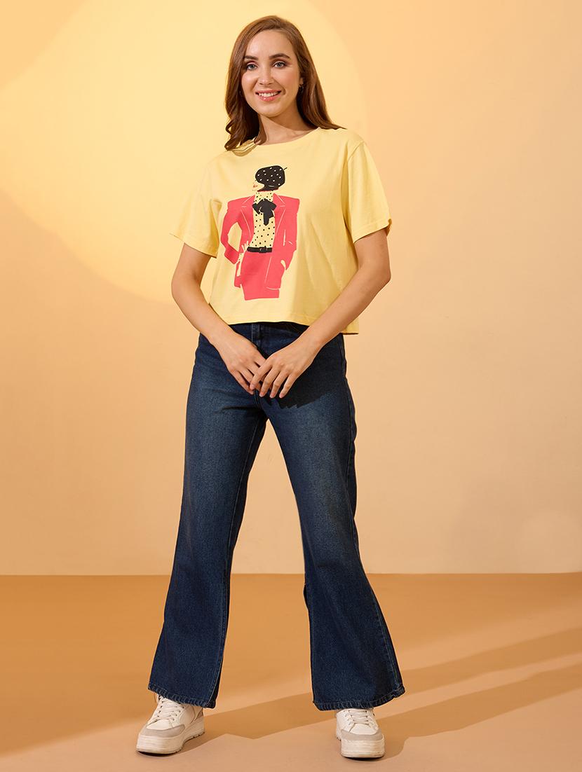globus women yellow round neck short sleeves graphic print oversized crop t-shirt - 21934690 - Standard Image - 4