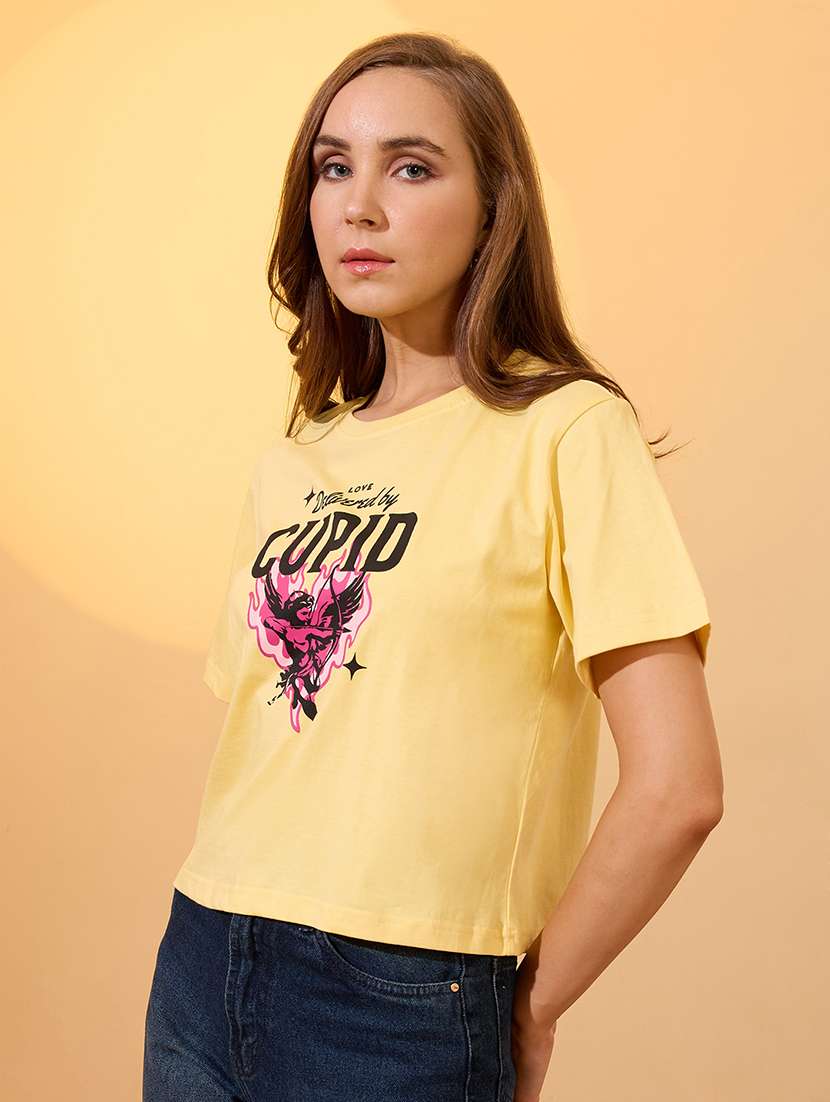 globus women yellow round neck short sleeves graphic print oversized crop t-shirt - 21934691 -  Standard Image - 1