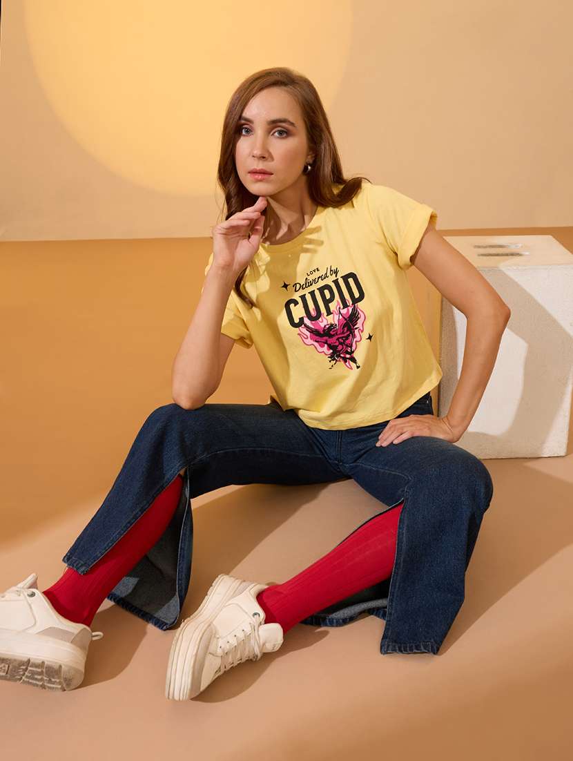 globus women yellow round neck short sleeves graphic print oversized crop t-shirt - 21934691 -  Standard Image - 4