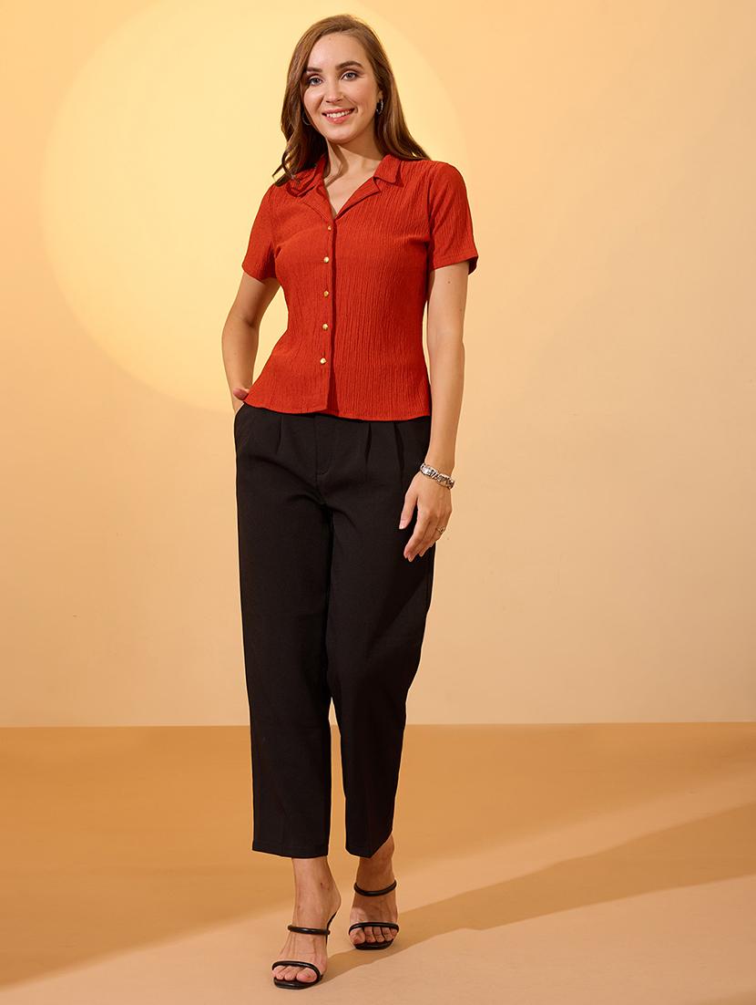 globus women rust self design notch lapel collar short sleeves work wear shirt - 21934694 - Standard Image - 4