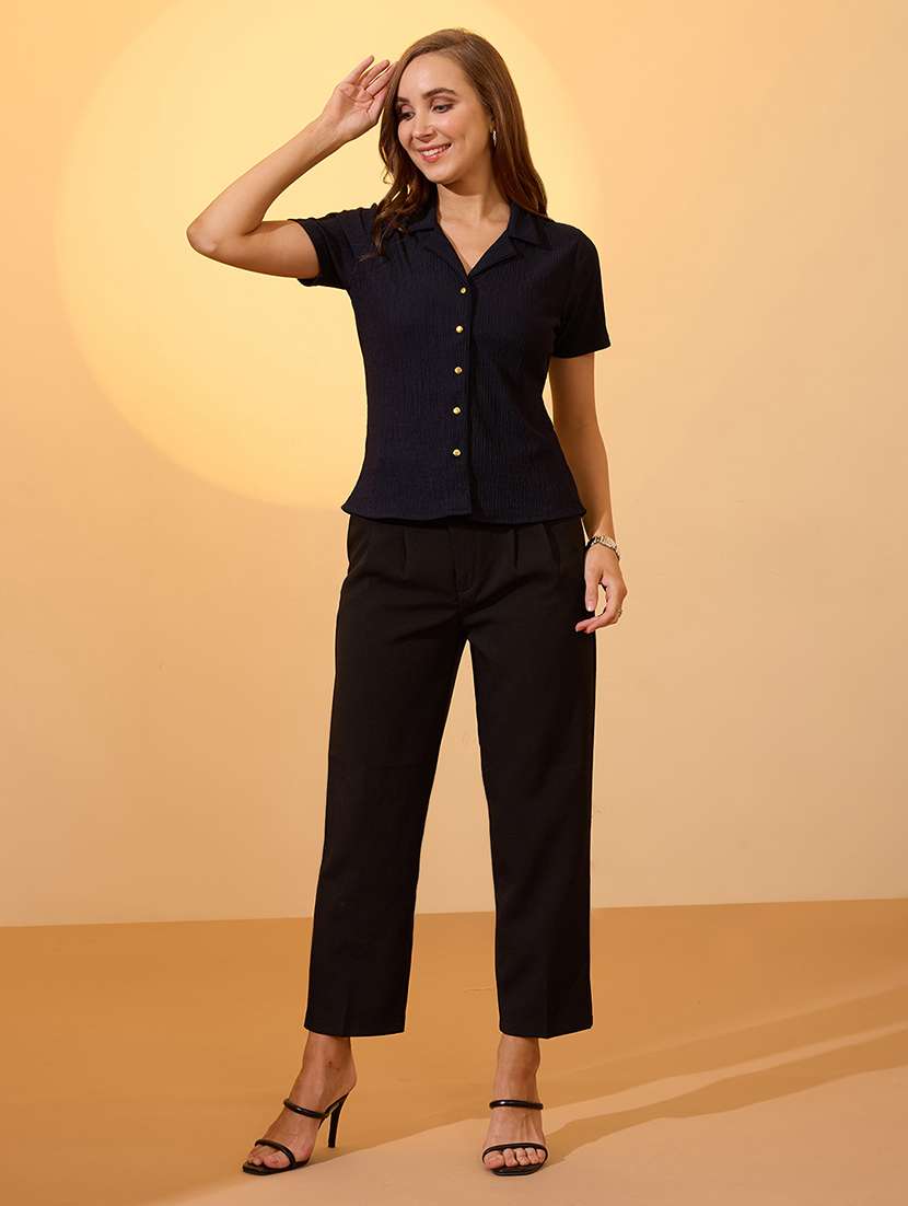 globus women navy blue self design notch lapel collar short sleeves work wear shirt - 21934695 -  Standard Image - 4