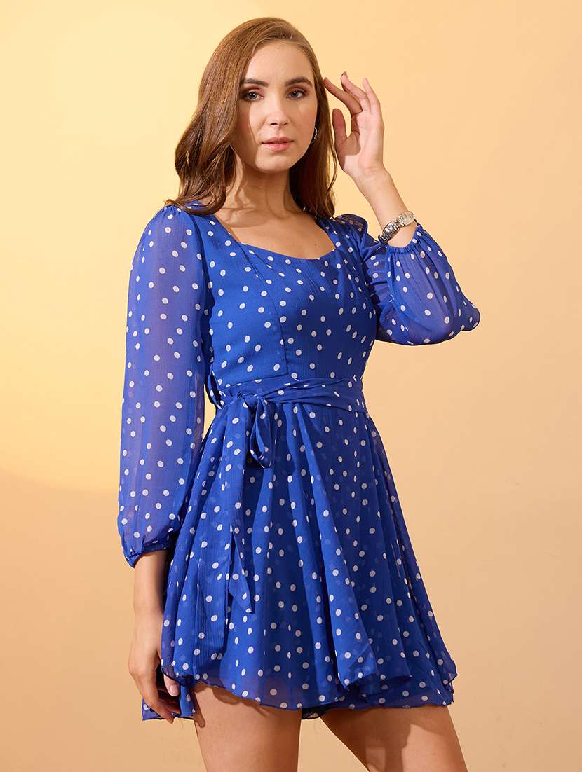 globus women blue sweetheart neck bishop sleeves polka dot playsuit with belt - 21934703 -  Standard Image - 1