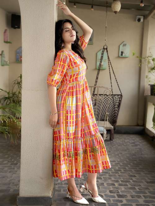 women printed puff sleeve overlap neck tiered dress - 21934757 -  Standard Image - 0