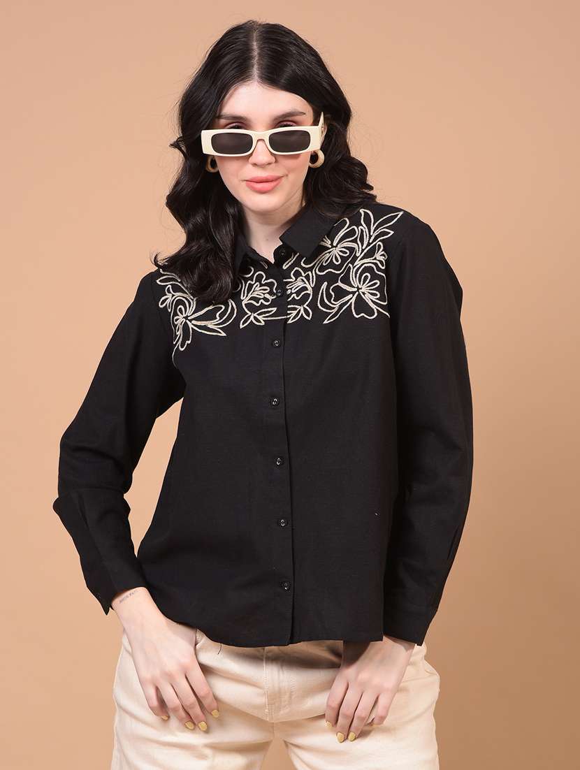 women embroidered collared puff sleeve shirt