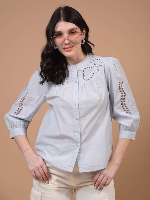 women solid puff sleeve mandarin neck shirt - 21934759 - Standard Image - 0