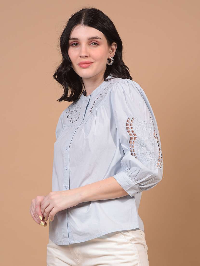 women solid puff sleeve mandarin neck shirt - 21934759 - Standard Image - 1