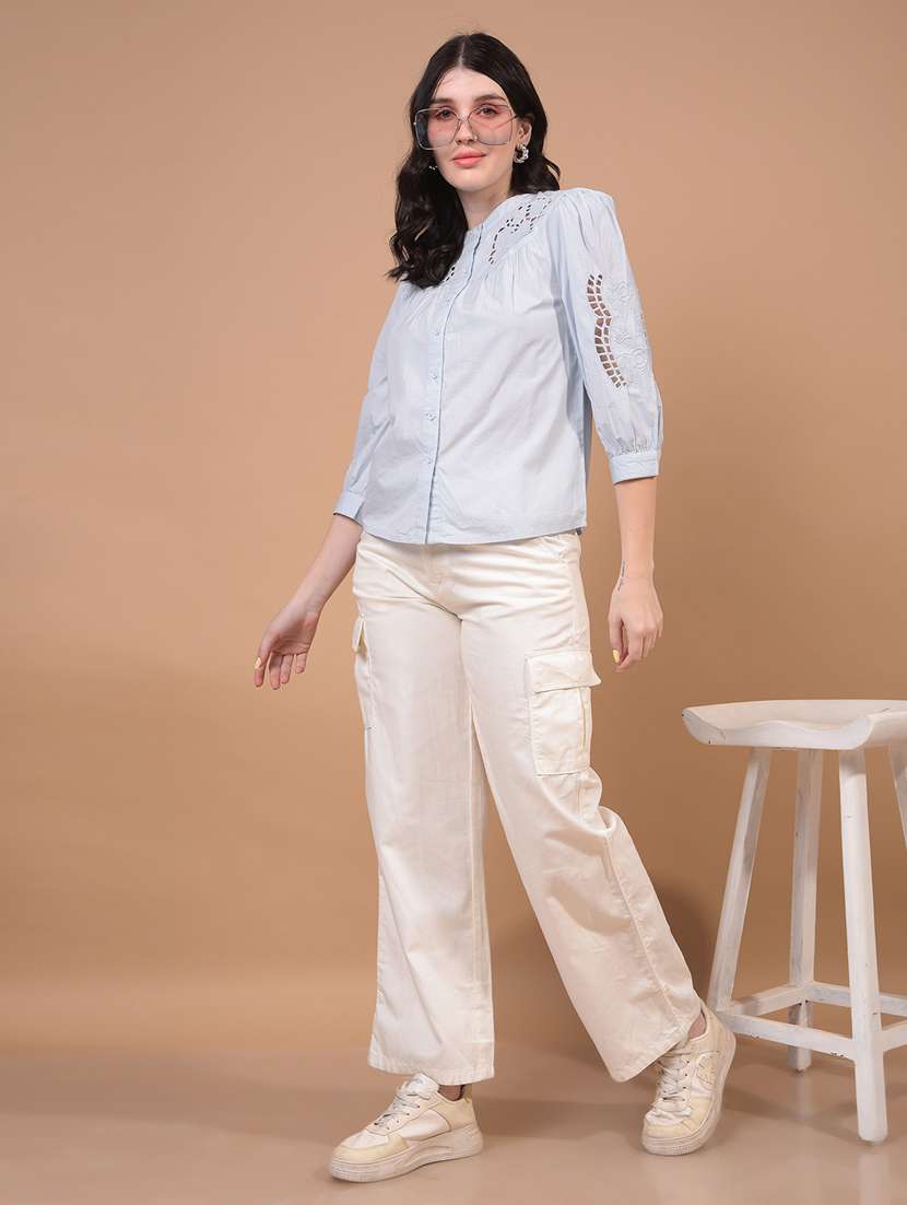 women solid puff sleeve mandarin neck shirt - 21934759 - Standard Image - 4