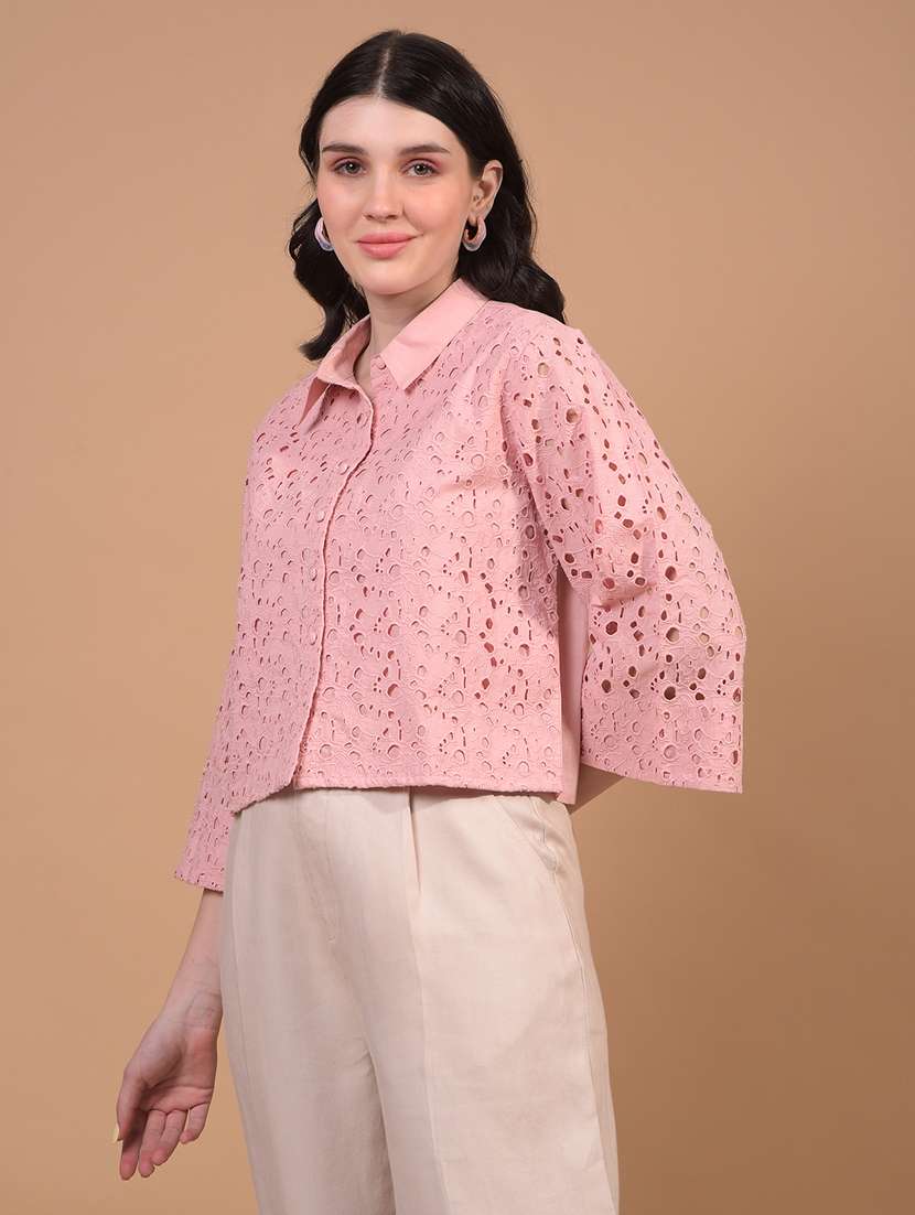 women puff sleeve schiffli crop shirt - 21934767 -  Standard Image - 1