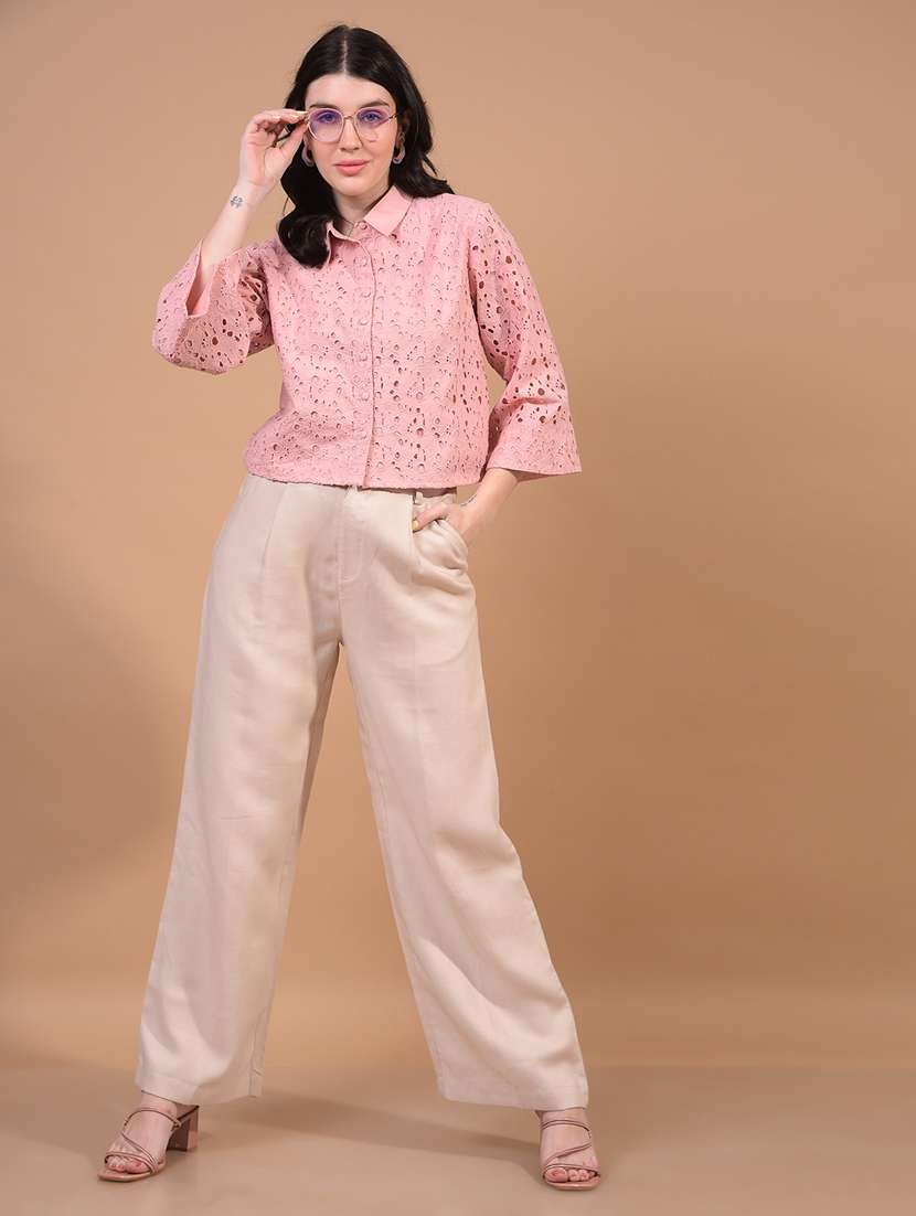 women puff sleeve schiffli crop shirt - 21934767 -  Standard Image - 4
