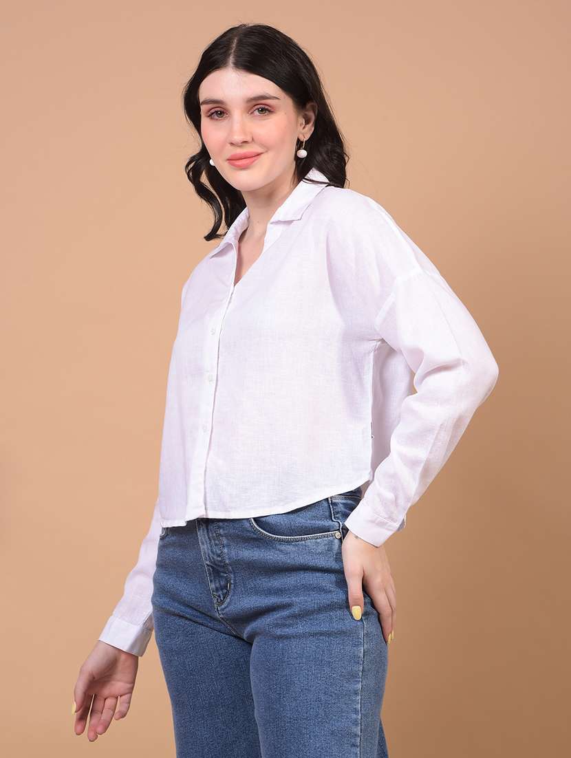 women solid collared puff sleeve crop shirt - 21934771 - Standard Image - 1