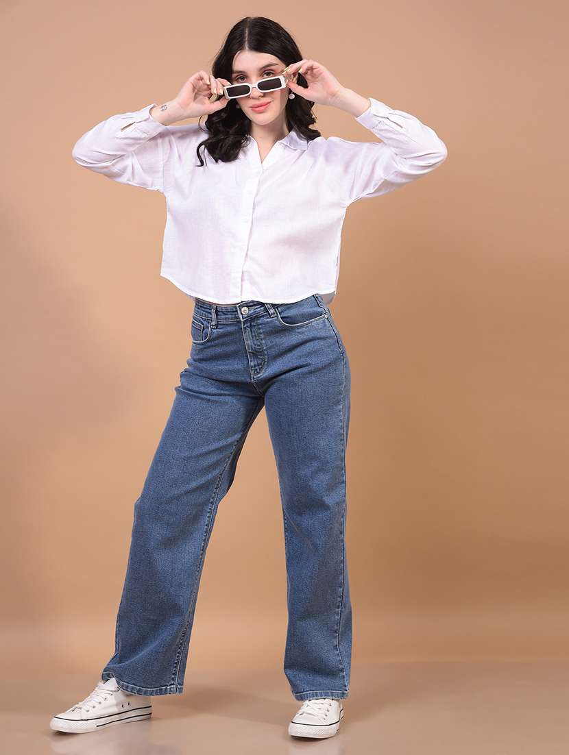 women solid collared puff sleeve crop shirt - 21934771 - Standard Image - 4
