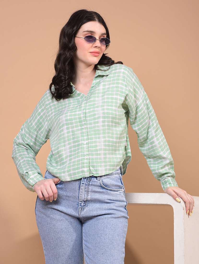 women tie & dye collared long sleeve crop shirt