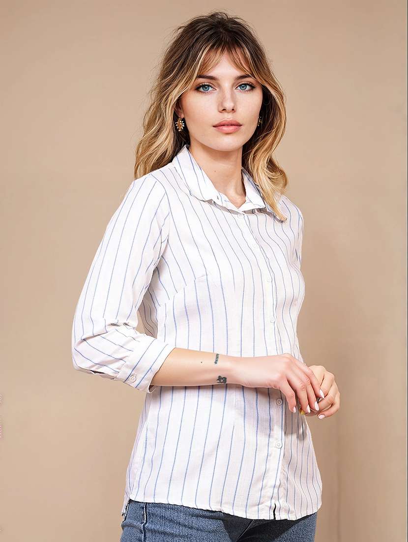 women striped collared regular shirt