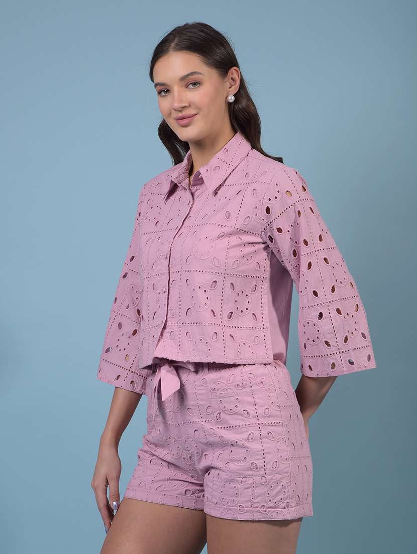 women collared schiffli crop shirt - 21934783 -  Standard Image - 1