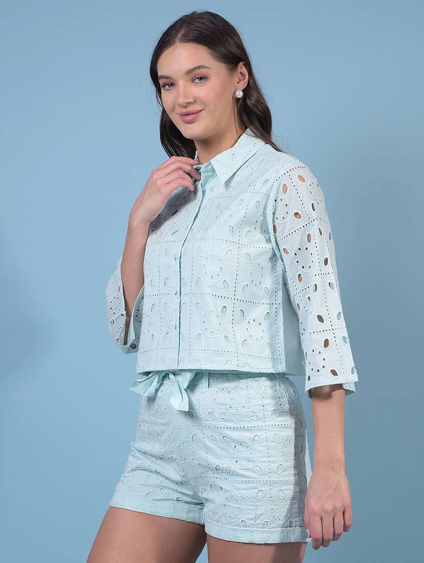 women collared schiffli crop shirt - 21934784 -  Standard Image - 1