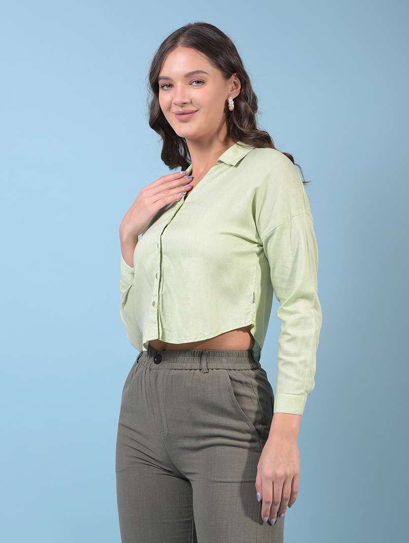 women solid collared long sleeve crop shirt - 21934797 -  Standard Image - 1