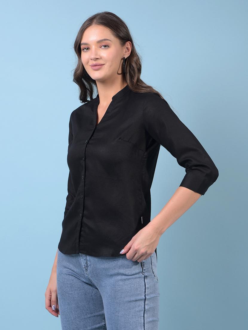 women black solid mandarin neck regular shirt - 21934798 -  Standard Image - 1