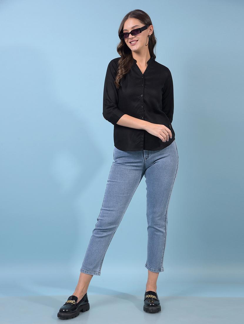 women black solid mandarin neck regular shirt - 21934798 - Standard Image - 4