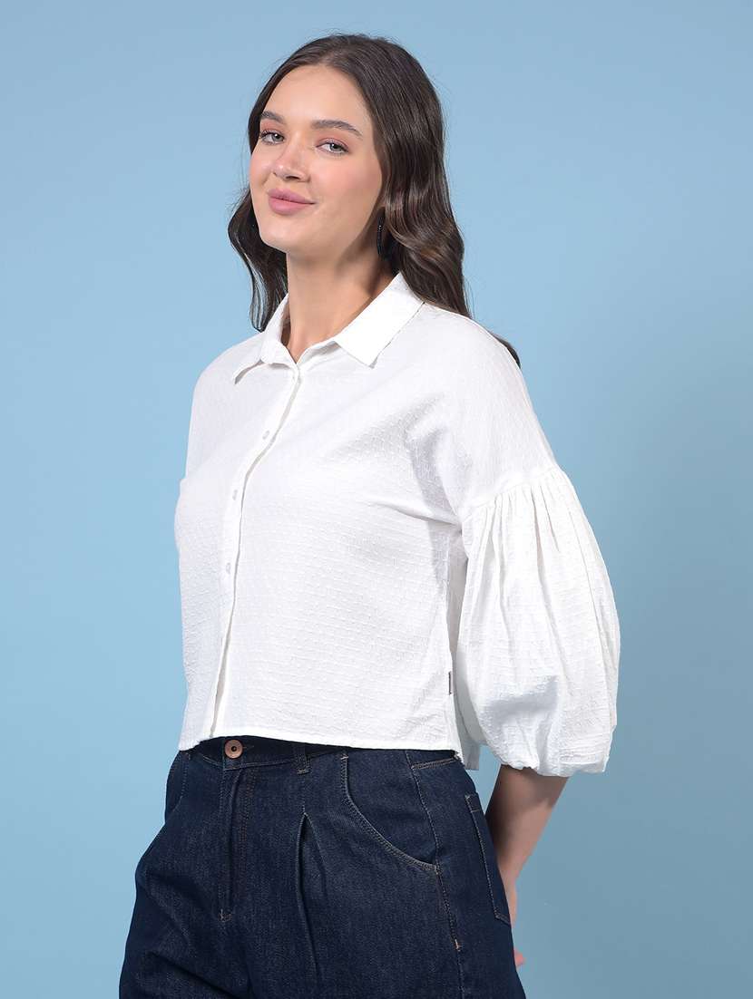 women solid collared puff sleeve crop shirt - 21934801 -  Standard Image - 1