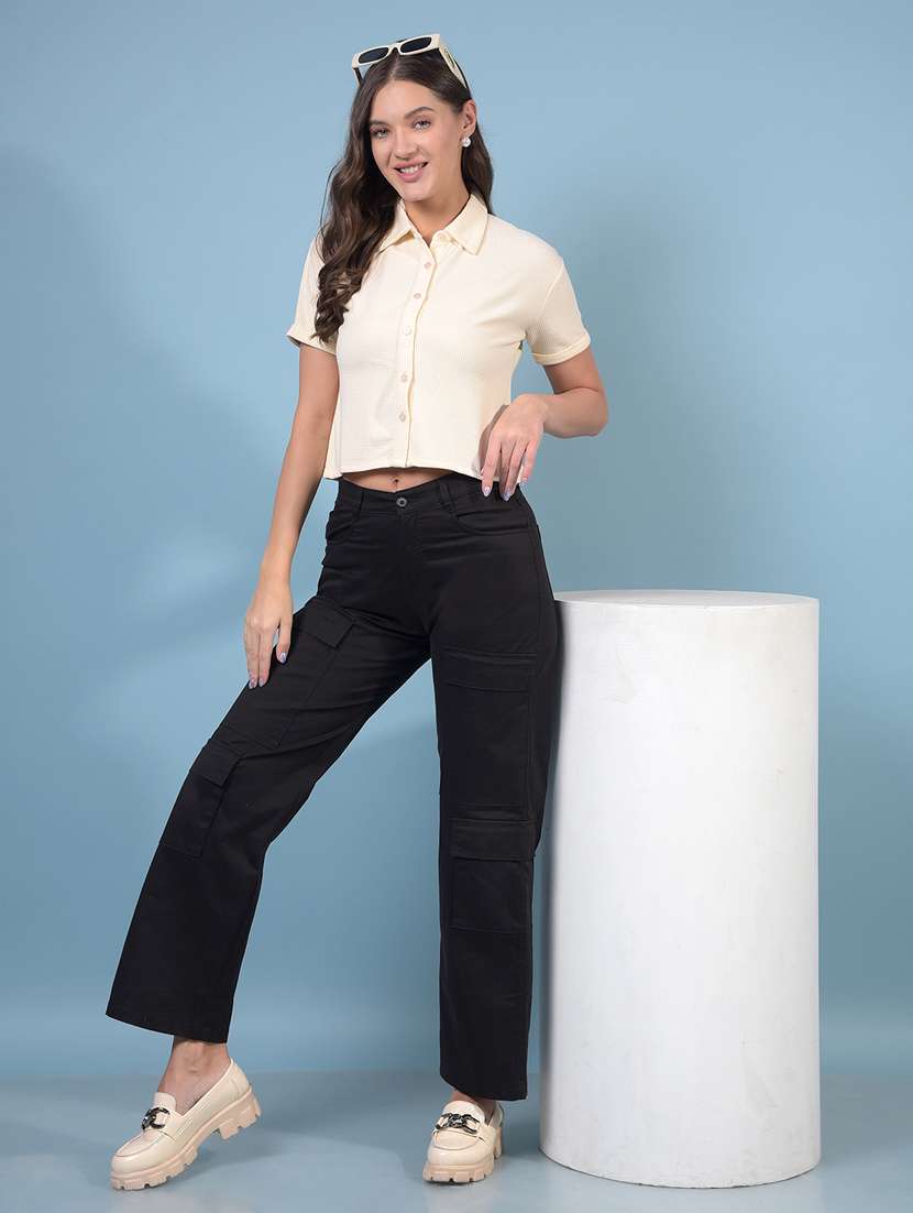 women solid collared short sleeve crop shirt - 21934804 - Standard Image - 4