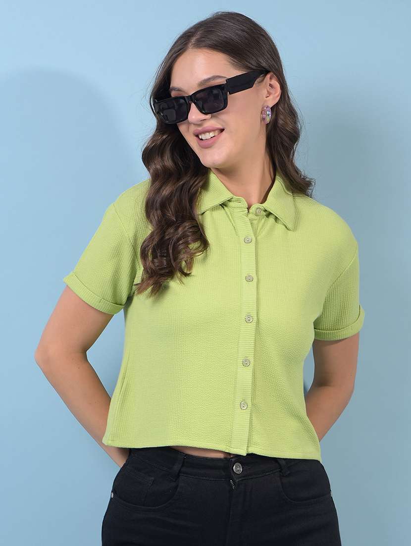 women solid collared short sleeve crop shirt