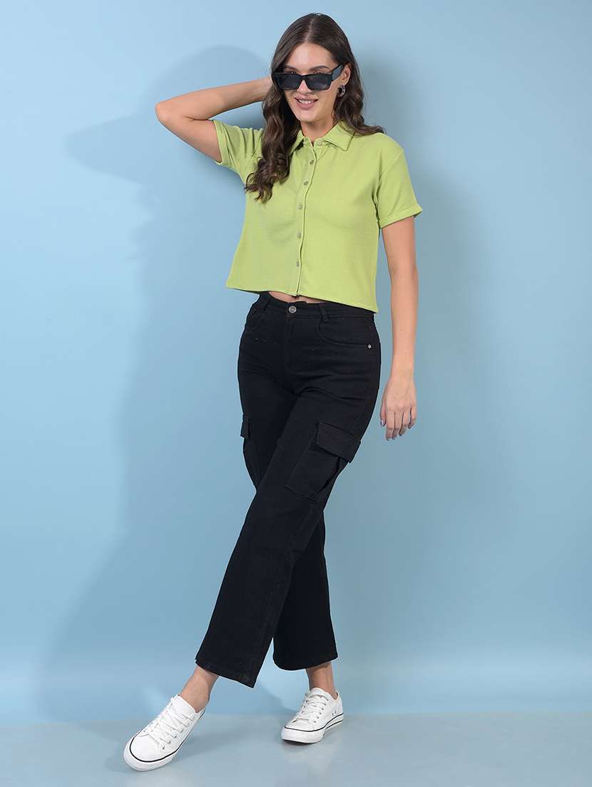 women solid collared short sleeve crop shirt - 21934805 -  Standard Image - 4