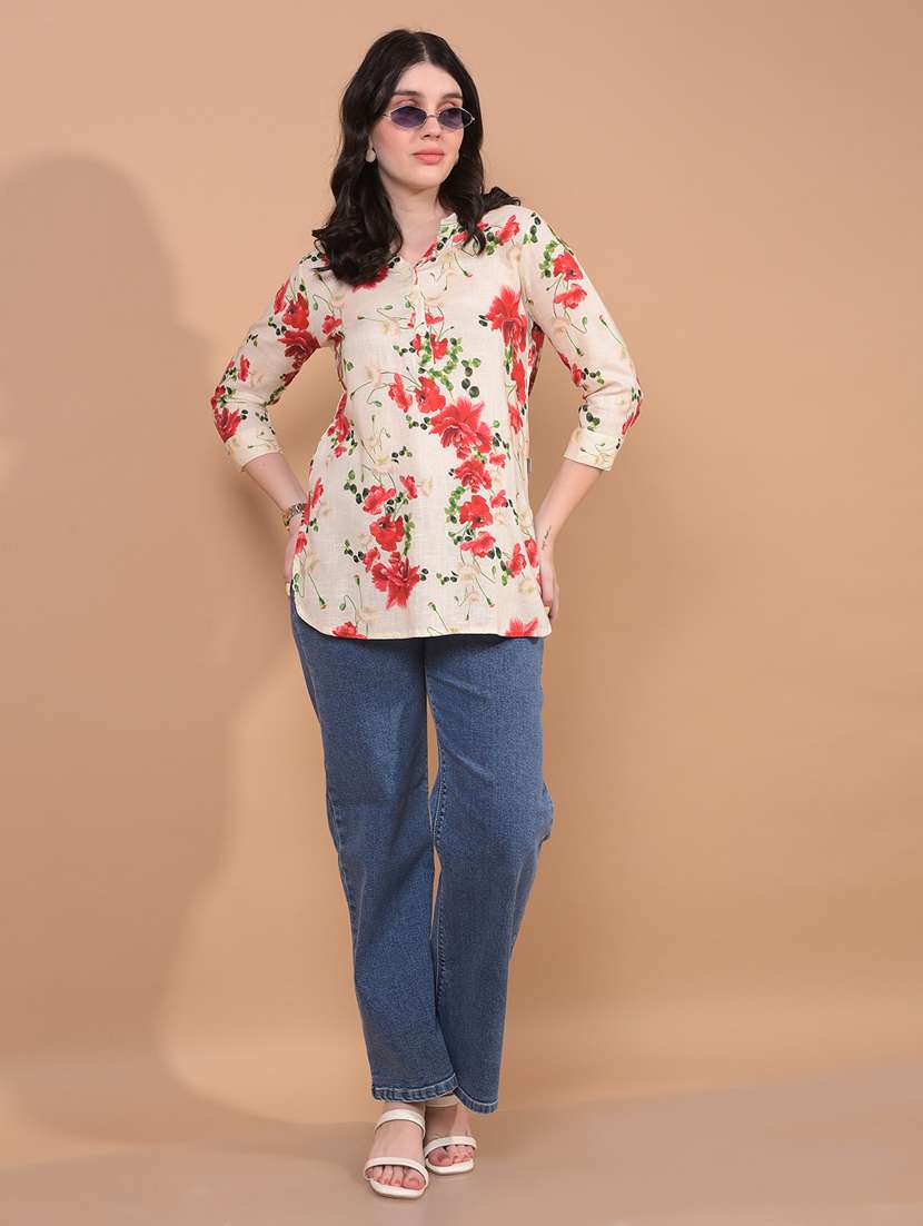 women floral print mandarin neck short kurti - 21934812 - Standard Image - 4