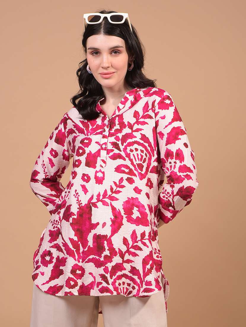 women printed mandarin neck high low kurti