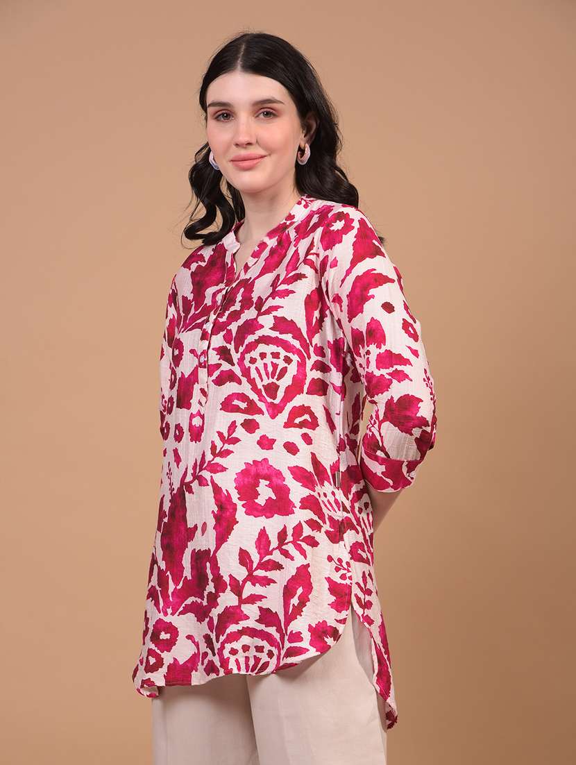 women printed mandarin neck high low kurti - 21934823 - Standard Image - 1