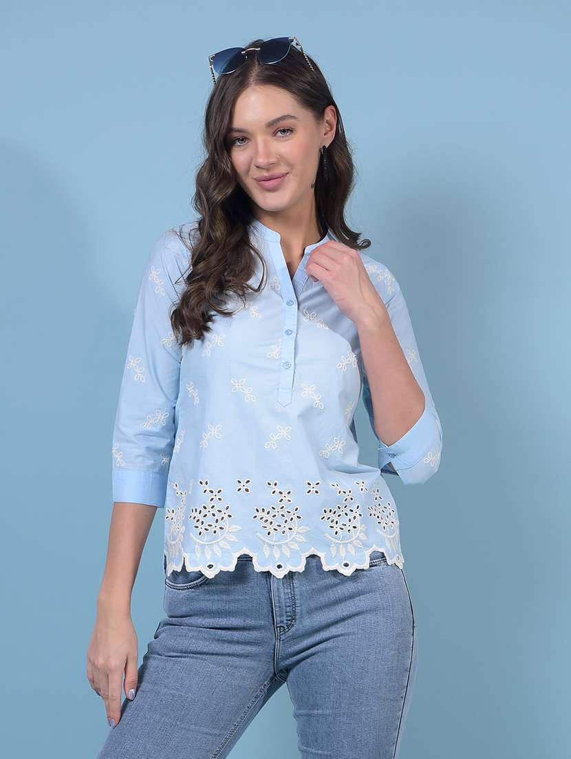 women embroidered three quarter sleeve regular top