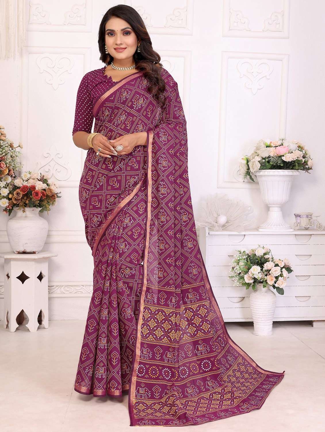 women bandhani printed saree with blouse - 21934980 -  Standard Image - 1