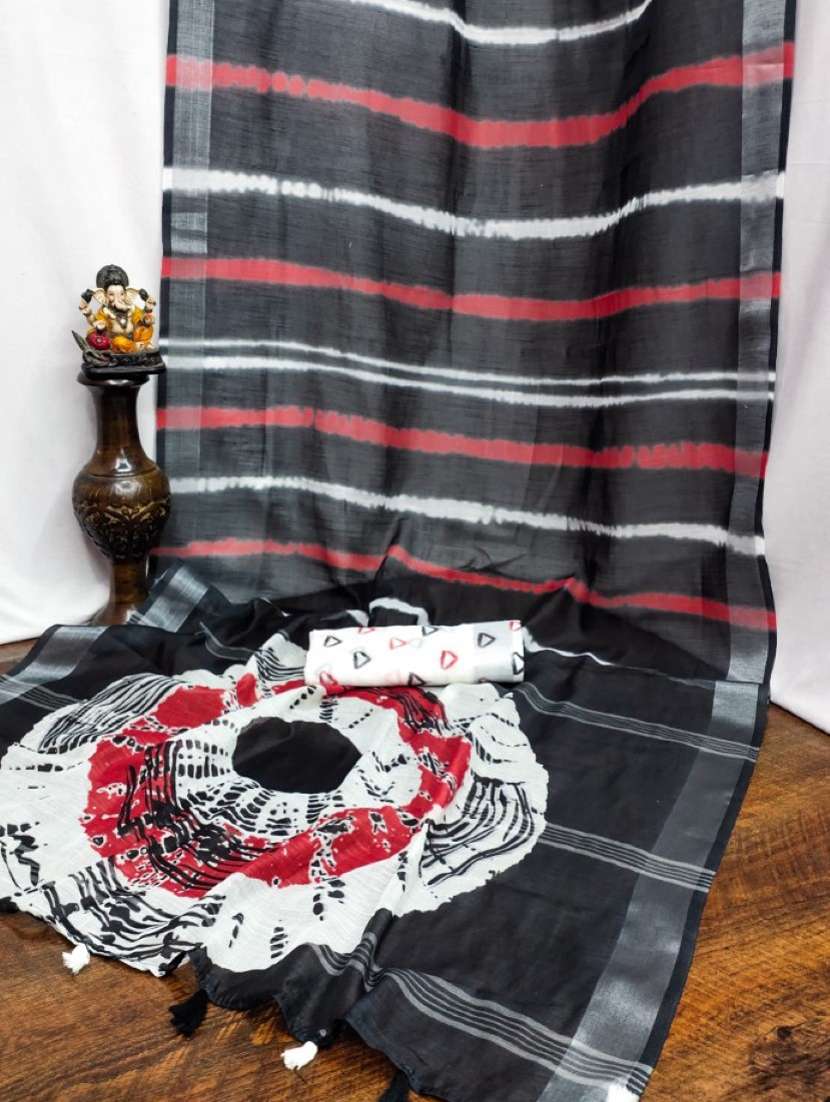 red linen printed saree with blouse - 21935016 -  Standard Image - 1