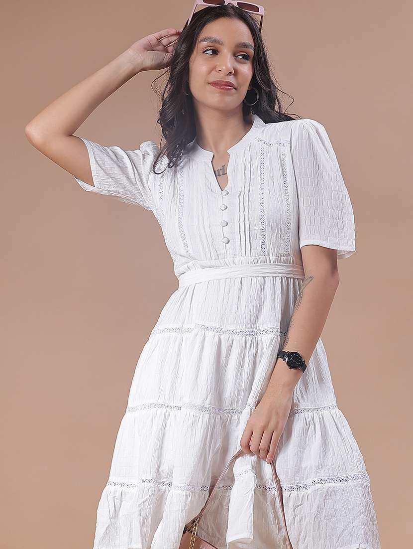 women solid puff sleeve tiered dress