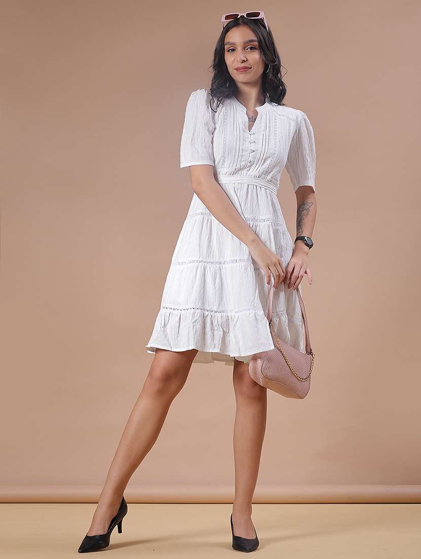 women solid puff sleeve tiered dress - 21935306 - Standard Image - 1