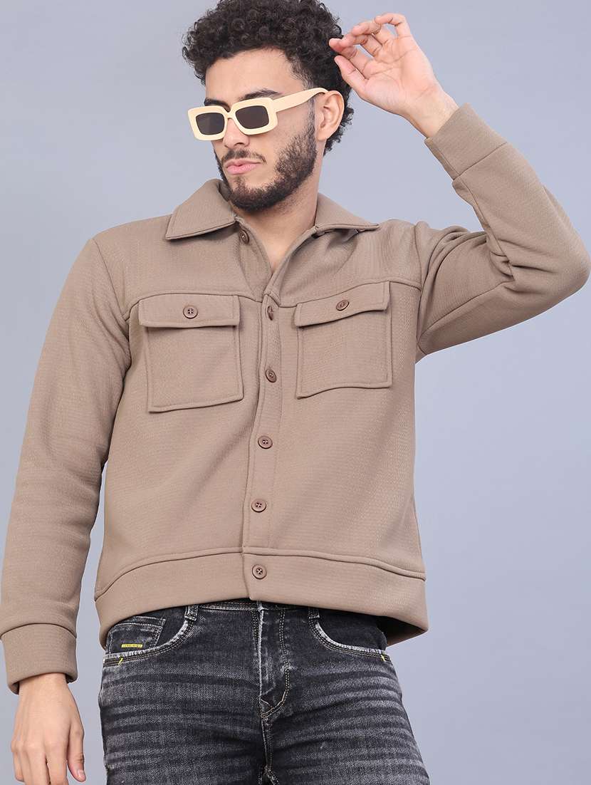 men solid collared long sleeve shacket
