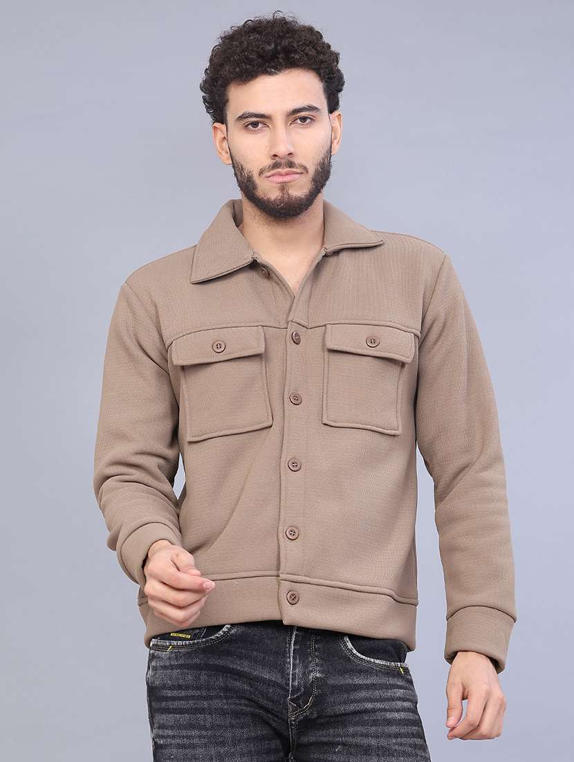 men solid collared long sleeve shacket - 21935426 -  Standard Image - 1