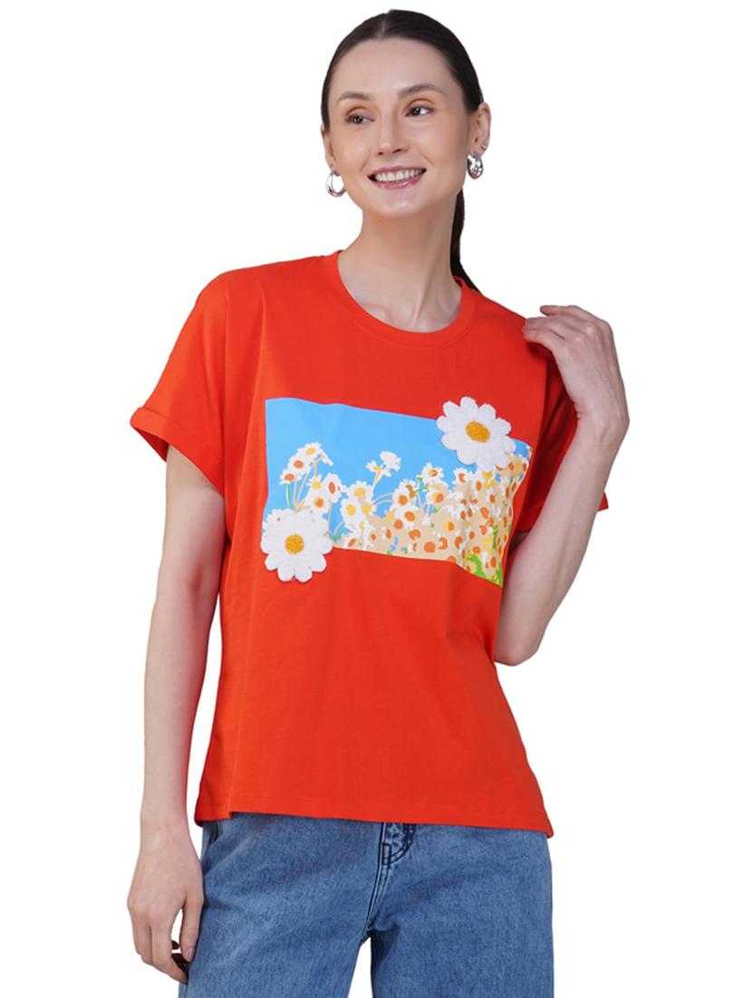 women orange cotton blend floral printed t-shirt - 21935500 - Standard Image - 1