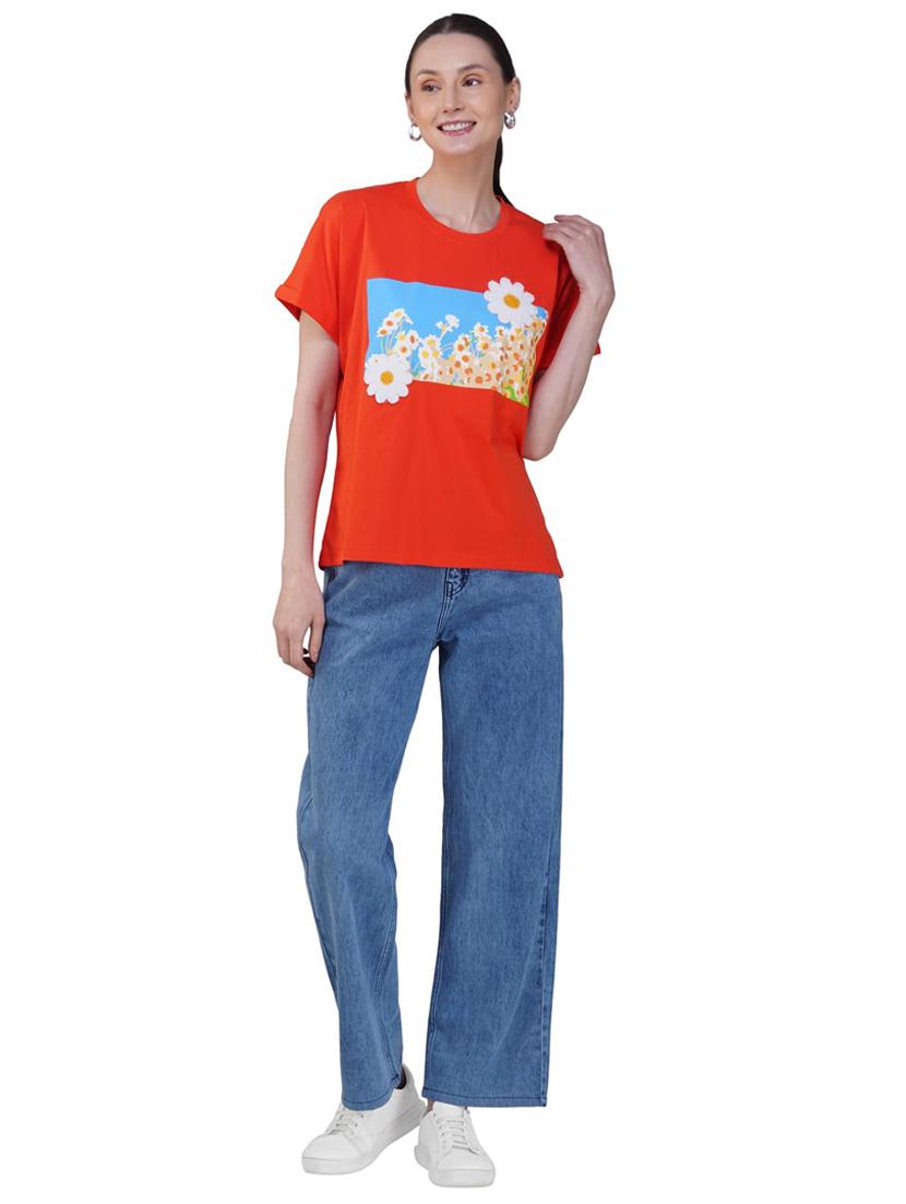 women orange cotton blend floral printed t-shirt - 21935500 - Standard Image - 4