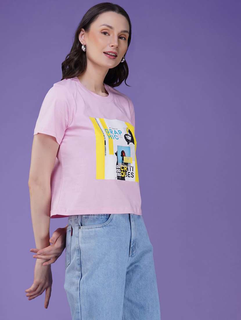 women printed short sleeve regular fit crop t-shirt