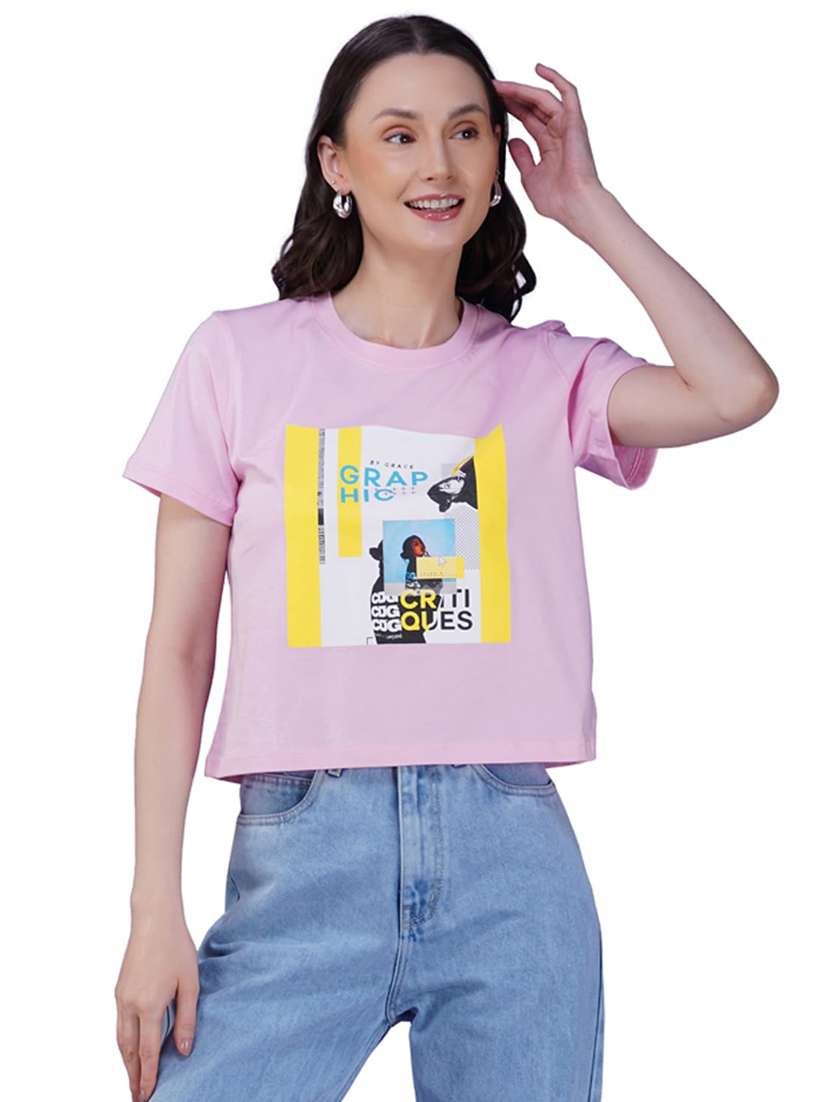 women printed short sleeve regular fit crop t-shirt - 21935514 - Standard Image - 1