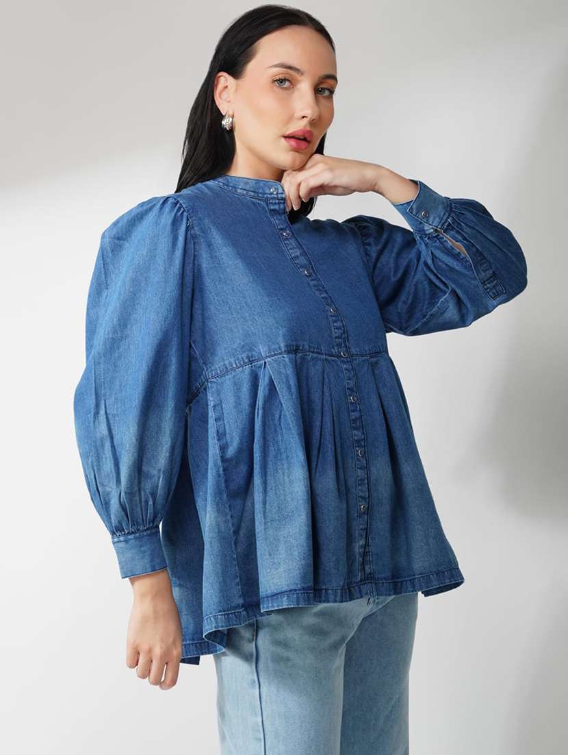 women solid puff sleeve peplum top