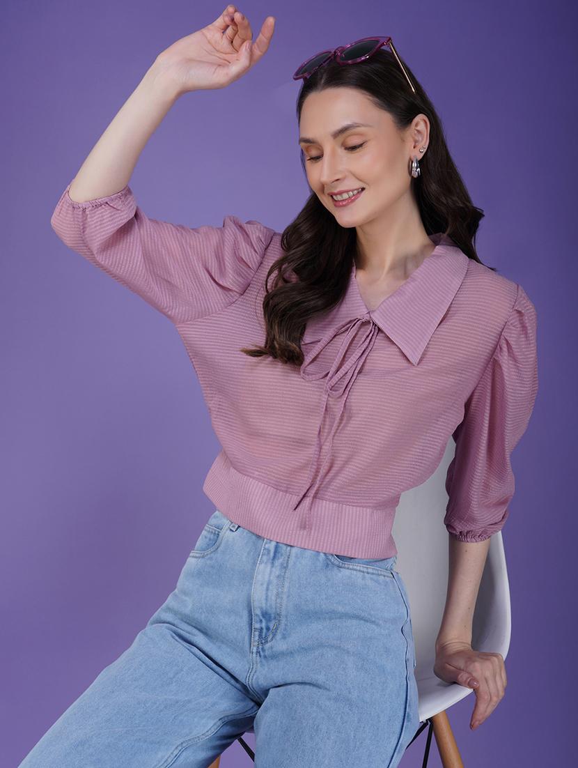 women mauve puff sleeve crop top - 21935523 - Standard Image - 1