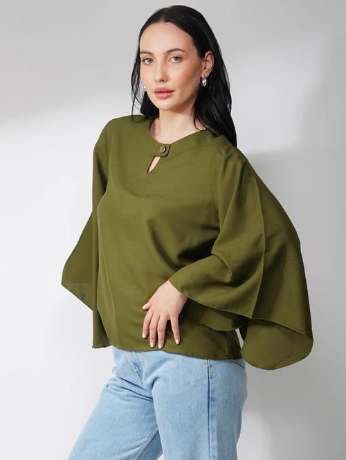 women olive solid flared sleeve regular top - 21935524 - Standard Image - 0