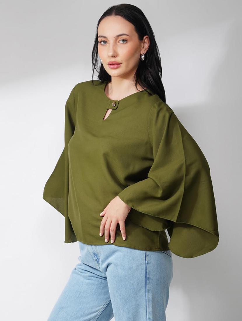 women olive solid flared sleeve regular top - 21935524 - Zoom Image - 0