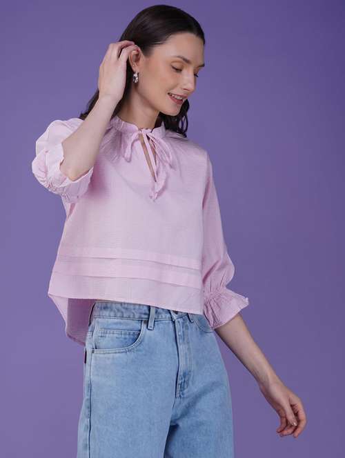 women solid tie-up neck puff sleeve crop top - 21935527 -  Standard Image - 0