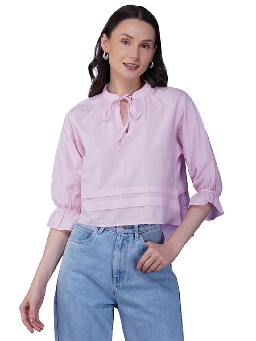 women solid tie-up neck puff sleeve crop top - 21935527 - Standard Image - 1