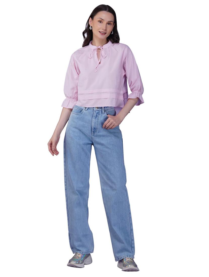 women solid tie-up neck puff sleeve crop top - 21935527 - Standard Image - 4