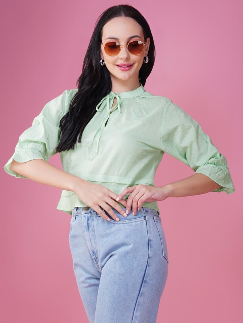women solid tie-up neck puff sleeve crop top - 21935528 - Zoom Image - 0