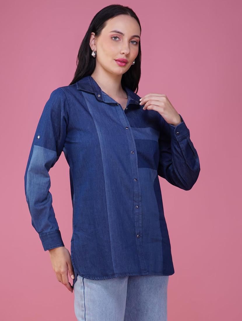 women color blocked collared long sleeve denim shirt - 21935599 - Zoom Image - 0