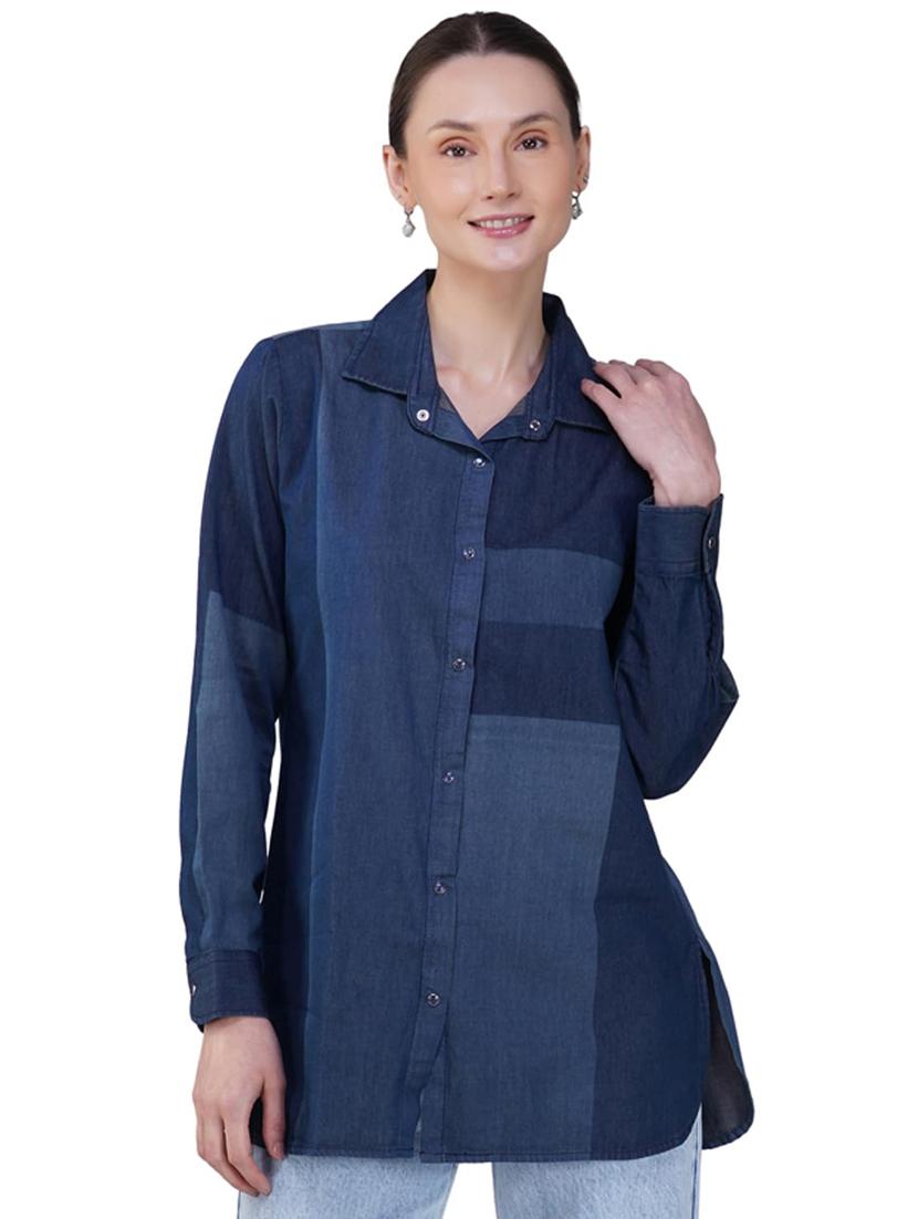 women color blocked collared long sleeve denim shirt - 21935600 - Standard Image - 1